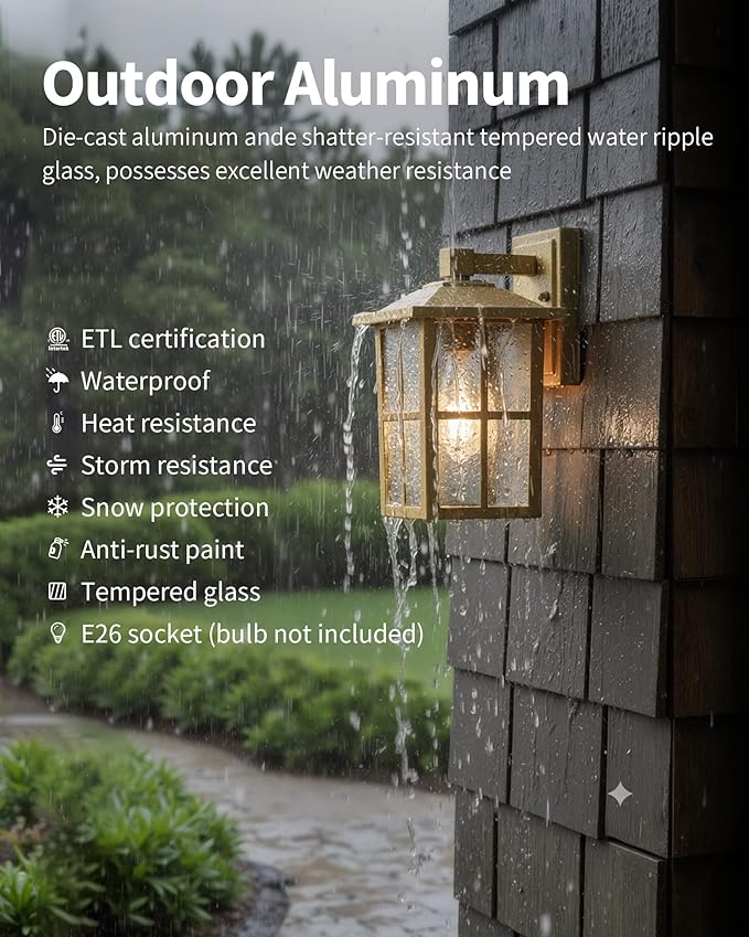 KDG Outdoor Waterproof Patio Wall Light Fixtures Set of 2, Gold E26 Socket Exterior Lanterns with Tempered Glass, Modern Wall Mounted Lamp Suitable for Home, Front Door, Garden, Garage, Porch