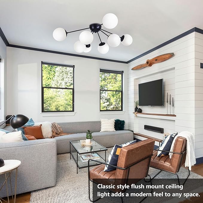 8 Light Mid Century Modern Semi Flush Mount Ceiling Light Fixture Globe Ceiling Light Sputnik Chandelier with Milk Glass Shade Matte Black Finish for Bedroom Hallway Dining Room Living Room
