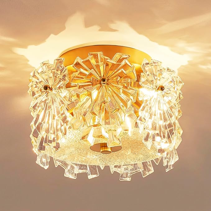 AGV LIGHTING Flush Mount Ceiling Light Fixture, Modern Gold Crystal Ceiling Light Fixture, D9 x H5, Shield Shaped Glass Shade