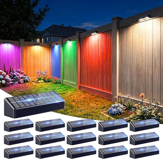 JOFIOS Solar Lights for Fence, 9 Fixed Colors ＆ Color Changing Solar Wall Lights Outdoor Waterproof IP65 Dusk-to-Dawn LED Deck Lighting for Patio, Railing, Pool, Porch, Backyard, Wall, 16 Pack