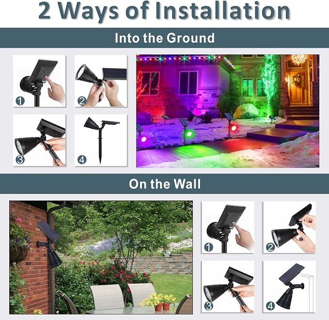 Solar Spotlights Outdoor, Flag Pole Spot Light, RGB Color Changing Solar Powered Landscape Spotlight, Dusk-to-Dawn Waterproof Ground&Wall LED Lights for Tree Christmas House Garden (Multicolor,2 Pack)