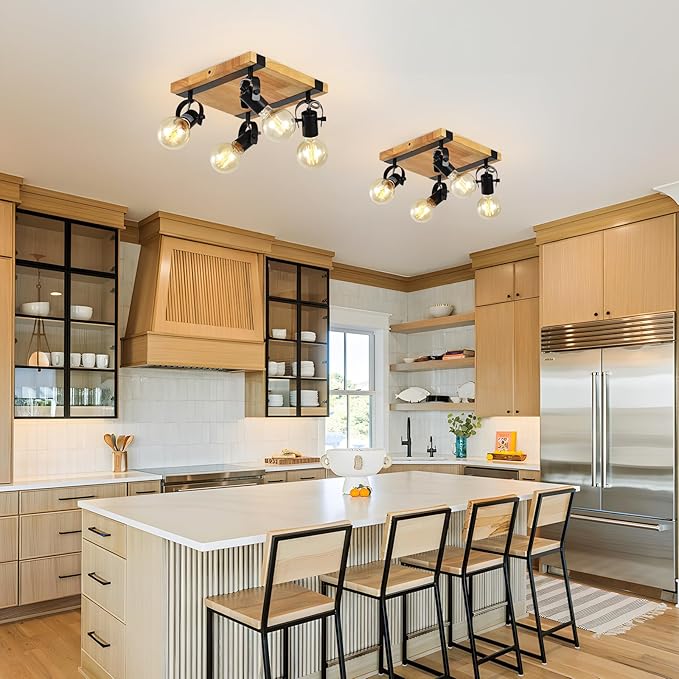 SEEBLEN Farmhouse Wooden Flush Mount Ceiling Lamp,4-Light Directional Ceiling Spotlight Track Light Kits,Rustic Farmhouse Kitchen Light Fixtures for Kitchen Bathroom Bedroom Hallway.