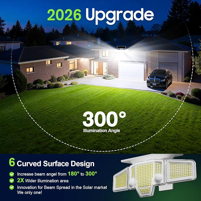 2026 Motion Sensor Solar Lights Outdoor, 4000LM Solar Flood Lights with Dual PIR & Curved 300° Wide Beam, Larger 3500mAh Adjustable Solar Security Spot Lights Waterproof for Yard-3Pack White