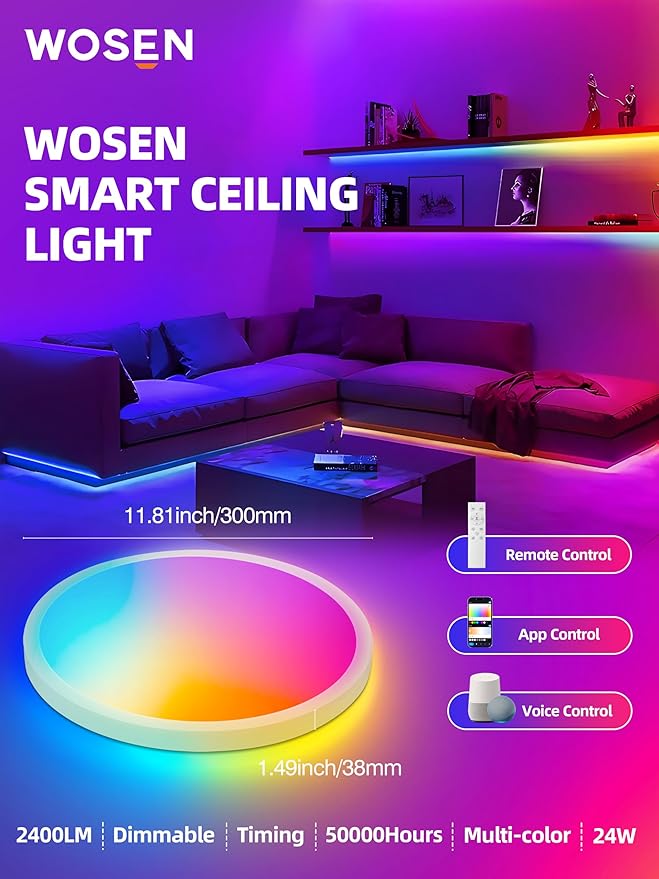 1 Pack 12 Inch Smart Ceiling Light Fixture, RGB LED Flush Mount Ceiling Light with Night Light, 24W 2400LM Ultra-Slim Ceiling Light with Remote, 16 Million DIY Colors, Works with Alexa/Google Home