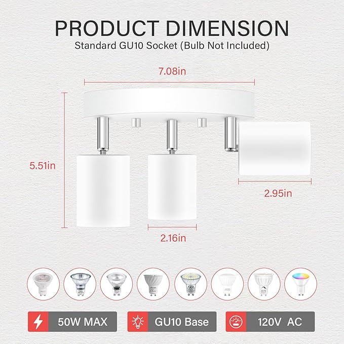 BoostArea LED 3 Light Track Lighting Kit, LED Track Lighting Fixtures, White Round Ceiling Spot Lighting, Flexibly Rotatable Light Head for Kitchen, Living Room, Bedroom, GU10 Bulb Not Included