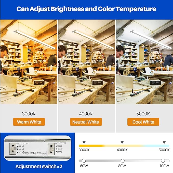 ANTLUX 8FT LED Shop Lights with 3 Watts/3 Lumens/3 CCT Selectable, 60W/80W/100W, 7000lm/9500lm/11500lm, 3000K/4000K/5000K Ultra Slim 8 Foot Strip Light, Wraparound Office Ceiling Fixtures, 4 Pack