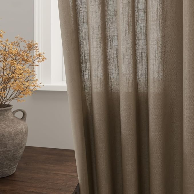 Nanspring Dark Taupe Linen Curtains 63 Inches Length 2 Panels Set for Living Room Back Tab Pocket Light Filtering Semi Sheer Drapes Neutral Farmhouse Cotton Linen Textured Window Curtain 52X63 Inch