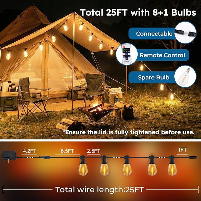 GvvooHome 25FT Outdoor String Light with S11 Plastic Bulbs, Low-Voltage LED Patio Lights with App & Remote, Music Sync, 4 Lighting Modes, Dimmable & Waterproof for Backyard, Porch, Garden, Deck, Party