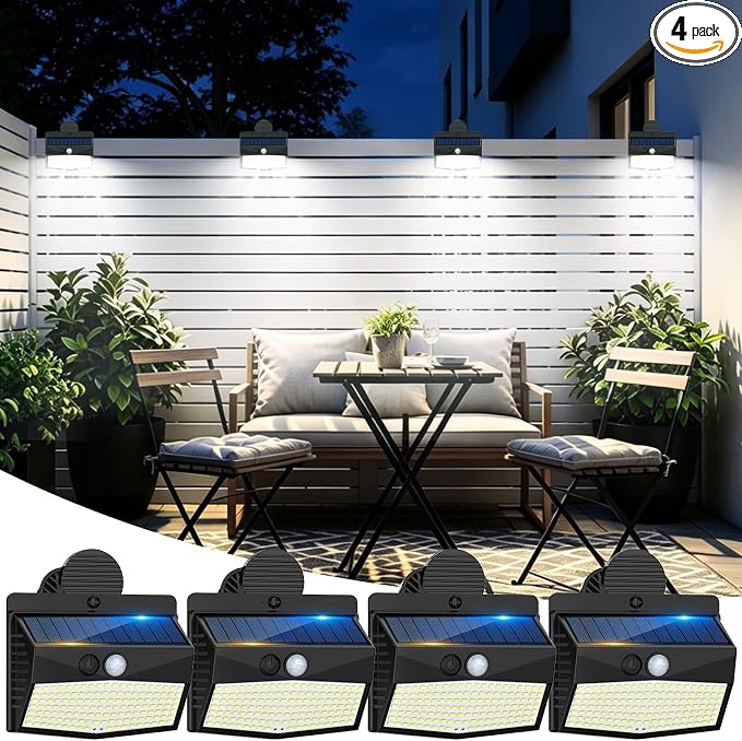 Peasur 4 Pack 138 LED Clip On Solar Lights Outdoor, Motion Sensor Lights with 3 Modes, Solar Security Light Waterproof for Outside Fence, Deck, Gutter, Camping