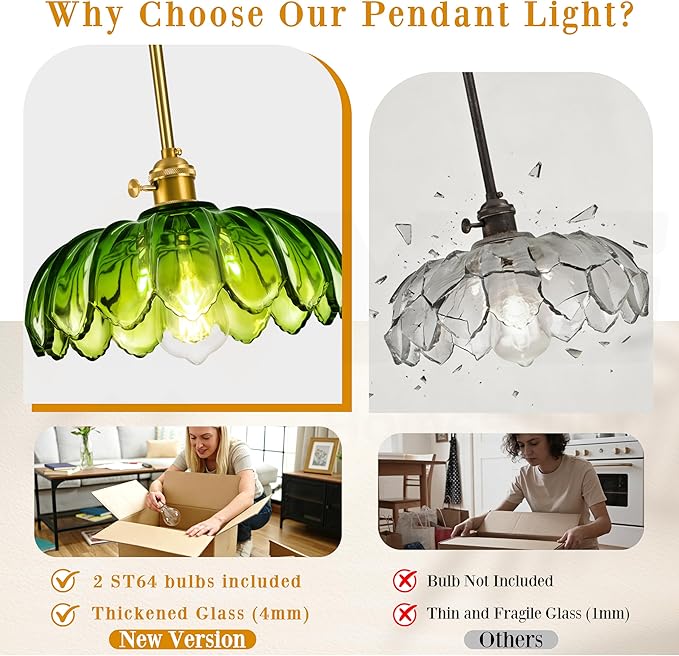 Mid Century Modern Pendant Light 2 Pack Hanging Adjustable Pendant Lights with Brushed Gold Fixture Green Flower Glass Vintage Chandelier for Kitchen Island Bedroom Dining Room（Bulb Incl.）