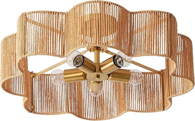 21” Rattan Light Fixtures Ceiling Light， Wicker Boho Chandelier with Hand Woven Brushed Brass Finish Flower Shade for Kids Room Bedroom Laundry Room Cloak Room 5-Light
