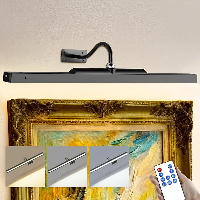 24 Inch Picture Light - Black 6000mAh Battery Operated Wireless Wall Sconce with Remote & Timer for Paintings, Gallery, Mirror & Artwork
