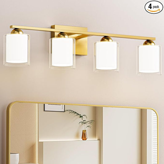Quntis Gold Bathroom Light Fixtures, 4 Light Modern Vanity Lights Over Mirror, 5 Colors & Stepless Dimmable LED Bathroom Lighting with Milk White Frosted Glass, 27 Inch (Bulbs Included)