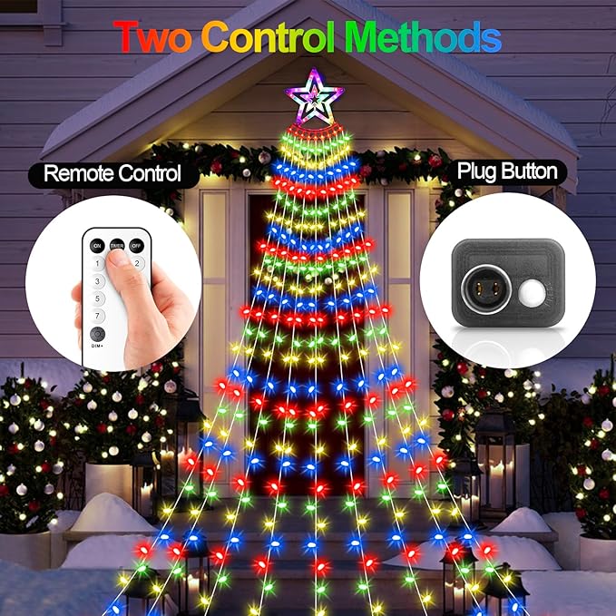 Christmas Decorations Star Lights Outdoor, 11.48ft 350 LED Waterfall Tree Lights with 8 Modes Timer Remote Christmas Lights Plug in for Indoor Yard Patio Home Holiday Party Decor, Multi-Color