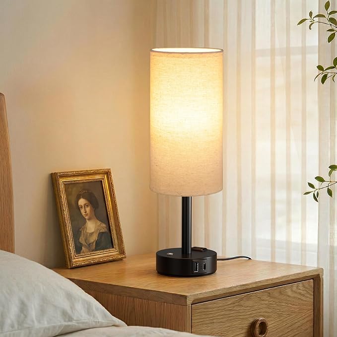 Touch Bedside Table Lamp with Memory - Stepless Dimmable Lamp for Bedroom, Small Nightstand Lamp with Dual USB Charging Ports and AC Outlet, Wood Night Light, Deak Lamp for Nursery (Beige & Black)