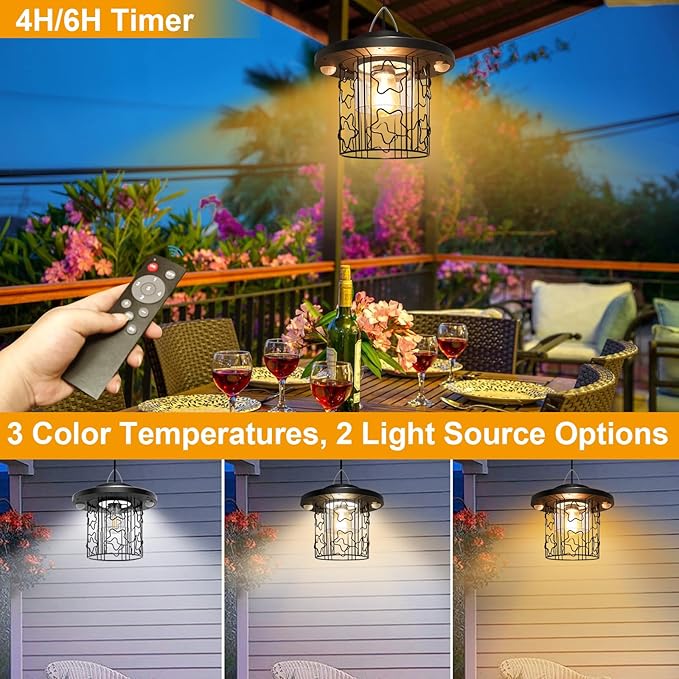 Solar Star Pendant Light - 3000LM Outdoor Solar Chandelier with Motion Sensor, Gazebo Lighs with Remote Control, 5 Modes, 3 Color Temperatures for Patio, Garden, Gazebo, Umbrella(16.4FT Cord)