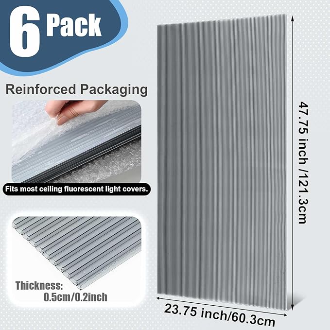 Pushglossy 6 Pack 23.75" x 47.75" x 0.2" Fluorescent Light Covers Polycarbonate Diffuser Panels Replacement for 2x4ft Drop Ceiling Light Fixture for Classroom Office Commercial Use (Clear Black)