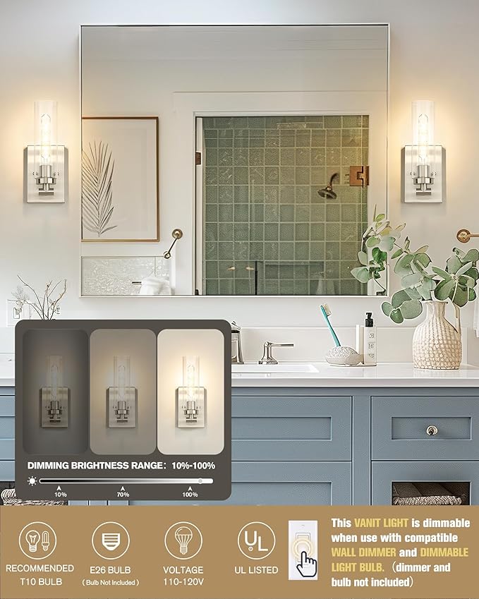 Emak Modern Wall Lights, Brushed Nickel Sconces with Clear Glass Shade, 2 Light Bathroom Vanity Light for Bathroom, Mirror, Living Room, Bedroom, Gallery, WS086-BN-CG-2PK