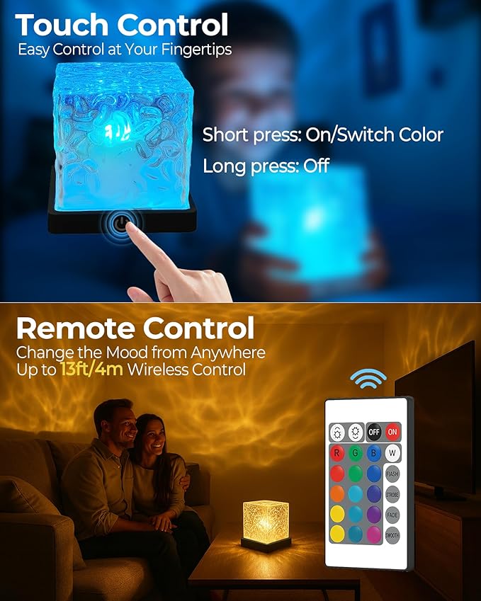 Rechargeable Shower Light Cube, 16 Colors Ocean Lamp, Waterproof Bathroom Mood Lighting, Ocean Wave Projector with Remote, Shower Mood Light, Bathtub Lights for Relaxing Spa, Bedroom Decor (Black)