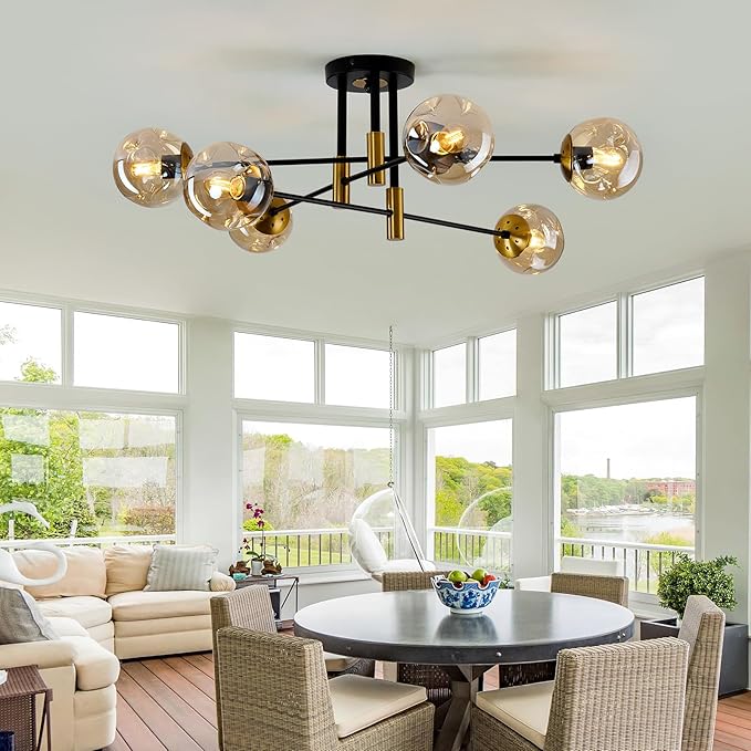 SZXYKEJI 6-Lights Sputnik Ceiling Light Fixture Mid Century Modern Glass Globe Flush Mount Chandelier Black and Gold Farmhouse Lighting for Living Room Dining Room Bedroom Kitchen