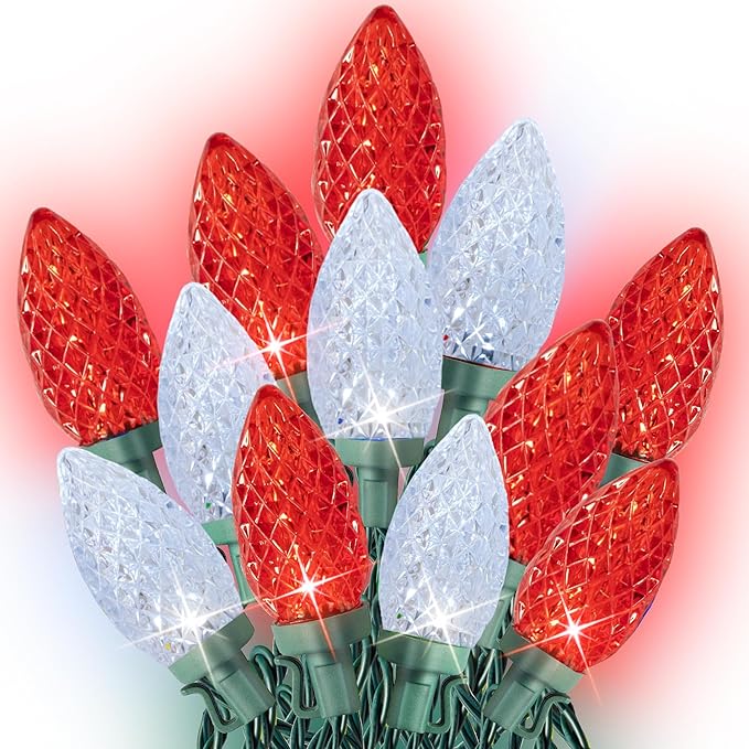 Dazzle Bright C9 Christmas String Lights, 100 LED 66 FT Waterproof Connectable Green Wire Fairy Lights, Christmas Lights for Indoor Outdoor Home Garden Yard Xmas Tree House Decorations (Red and White)
