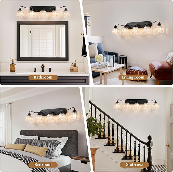 Vintage Bathroom Light Fixtures, 5 Light Bathroom Vanity Light, Black Matte Antique Brass Finish with Crystal Glass Shade, Mid Century Wall Sconces for Bedroom, Living Room, Hallway