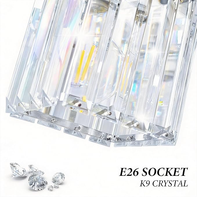 Brushed Chrome Crystal Bathroom Vanity Light, 4-Light Modern Bathroom Lighting Fixtures Over Mirror,Chrome Wall Sconce Light Fixtures with Square Shade