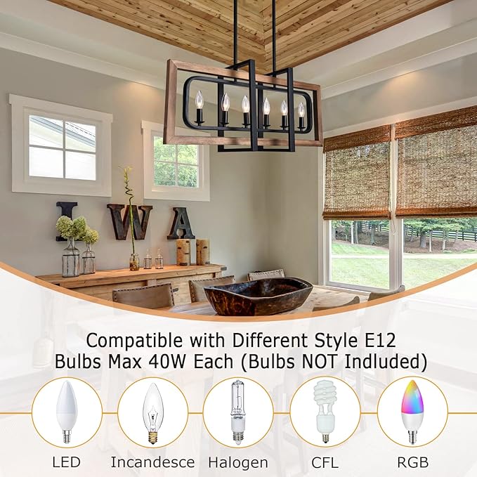 Farmhouse Chandelier Rustic Kitchen Island Light Fixture, Industrial Pendant Lighting Fixtures Wood and Metal for Dining Room Pool Table