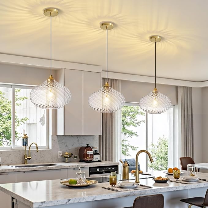 Glass Pendant Lights Kitchen Island, 11'' Brass Gold Pendant Lighting Fixtures, Modern Hanging Ceiling Light with Striped Clear Glass Shade for Farmhouse Dining Room Bedroom Hallway(1 Pack)