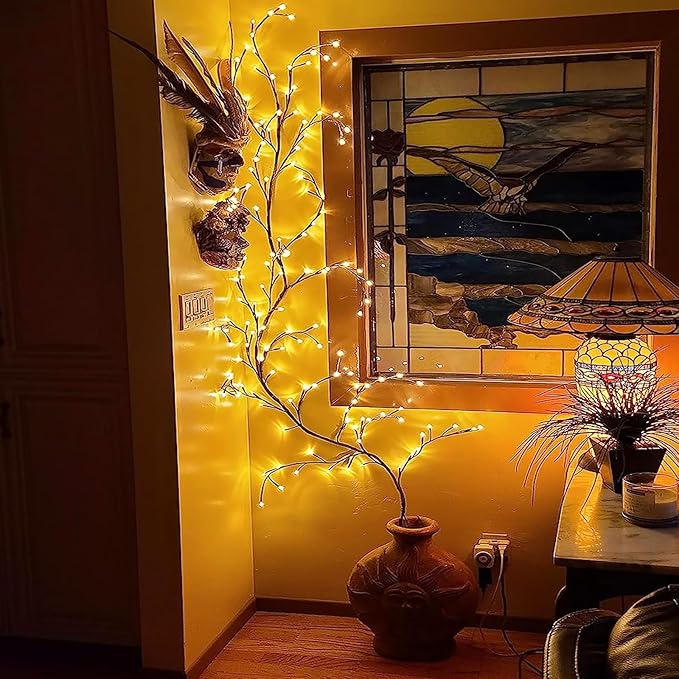 GOESWELL Enchanted Willow Vine Lights with Remote: 7.5Ft 144 LEDs Brown Twig Tree Branch Lights with Timer Dimmer for Indoor Living Room Bedroom Forest Boho Farmhouse Christmas Decor
