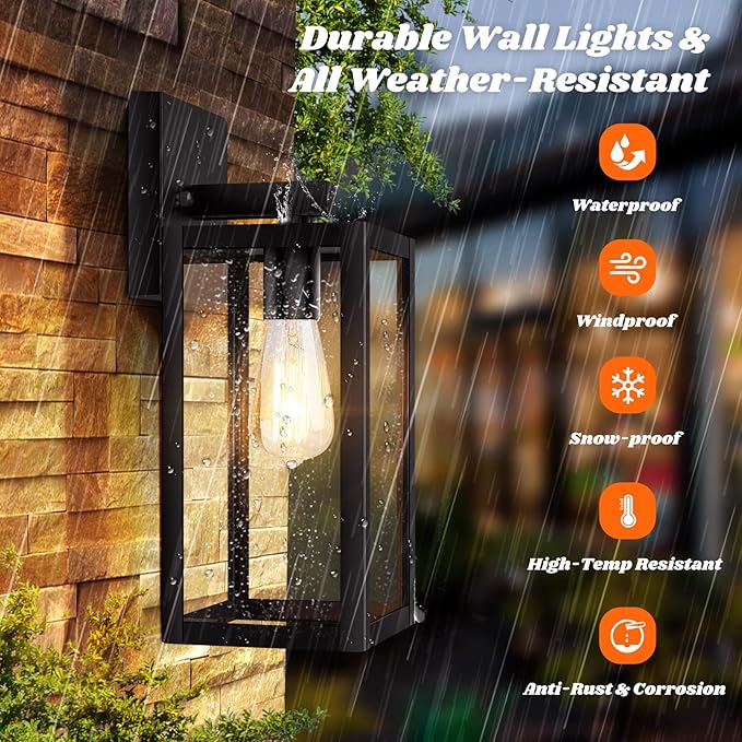 2-Pack Outdoor Light Fixtures Wall Mount, Waterproof Exterior Wall Lanterns with Clear Glass, Anti-Rust Outside Black Wall Sconces, Front Porch Lights for House Garage Doorway, Bulbs Not Included