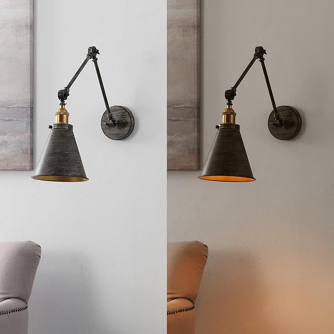 JONATHAN Y 7" Rustic Dark Gray/Brass Gold Classic Industrial Metal Adjustable Arm LED Wall Sconce for Bedside Reading, Farmhouse Swing Arm Wall Lamp with Metal Shade, Hardwired (JYL7462D)