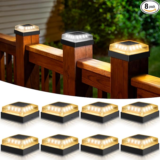 Solar Post Cap Lights, 8-Pack Fence Post Solar Lights for 4x4 Wood/Vinyl Posts, IP65 Waterproof, 10-12 Hours of Illumination with 3 Lighting Modes for Garden/Patio/Porch - Black