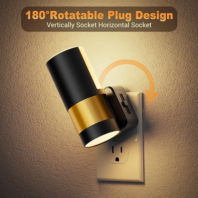 JandCase Plug in Night Light, Rotating Night Light with Dusk to Dawn Sensor, Dimmable 0-100LM Adjustable Brightness, 360°Rotatable, LED Warm White Nightlight for Bathroom Bedroom, 2 Pack