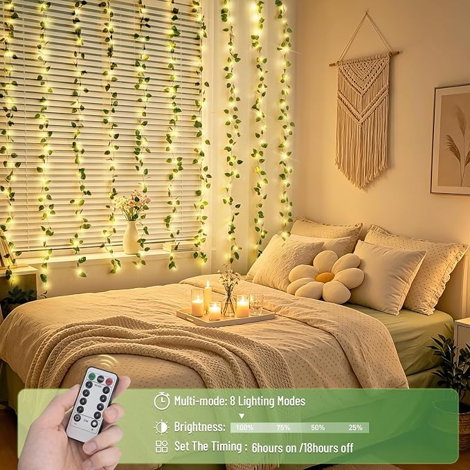 JMEXSUSS Vines Lights for Bedroom, 200 LED Vines Fairy Lights, Artificial Pothos Leaf Light for Wall Curtain Wedding Party Christmas Indoor Decor, 6.5ft x 6.5ft with Remote