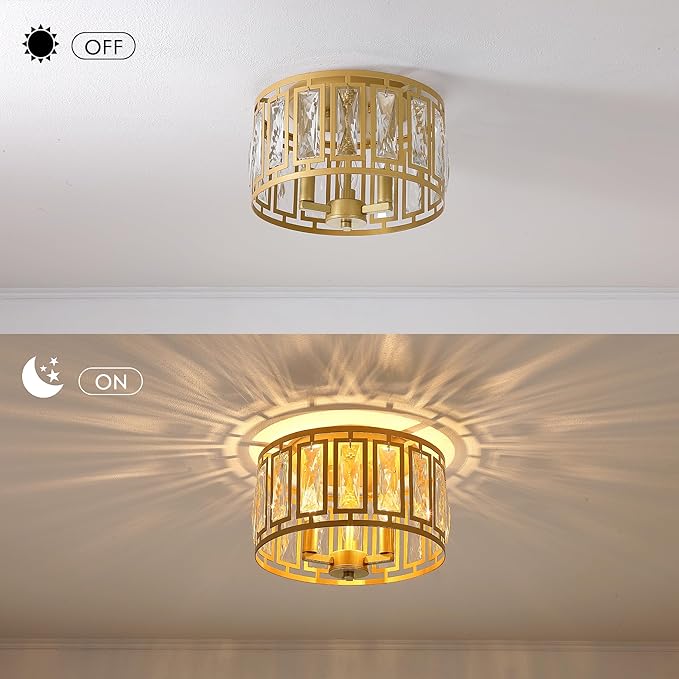 Crystal Flush Mount Ceiling Light, Gold Hallway Lights Ceiling Mounted Small Flush Chandelier for Bedroom Foyer
