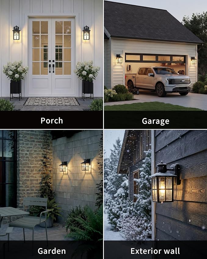 KDG Outdoor Motion Sensor Patio Wall Light Fixtures Set of 2, Black E26 Socket Waterproof Lanterns with Tempered Glass, Modern Wall Mounted Lamps Suitable for Home, Front Door, Garage, Porch