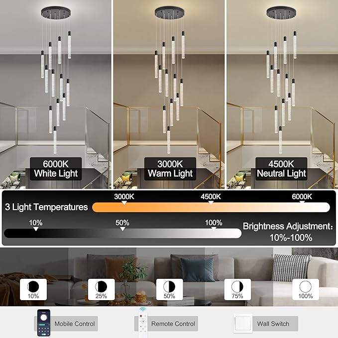12-Light 137.79'' High Ceiling Chandeliers Modern Crystal Chandeliers for Entryway Long Spiral LED Dimmable Chandelier Flush Mount Ceiling Staircase Foyer Living Room Ceilings Light Fixture