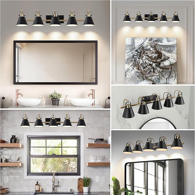5-Lights Black and Gold Vanity Light, 40inch Modern Farmhouse Vanity Lights, Bathroom Light Fixtures Over Mirror with Hammered Metal Shade, Brushed Gold Wall Lamp for Bath Mirror Living Room Cabinet