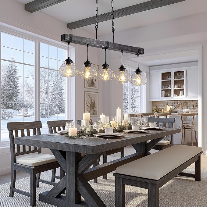 Linear Chandelier for Dining Room, Modern 5-Light Kitchen Island Lighting,Black Farmhouse Linear Chandelier with Glass Shades, L39IN+W5.5IN+H7.9IN