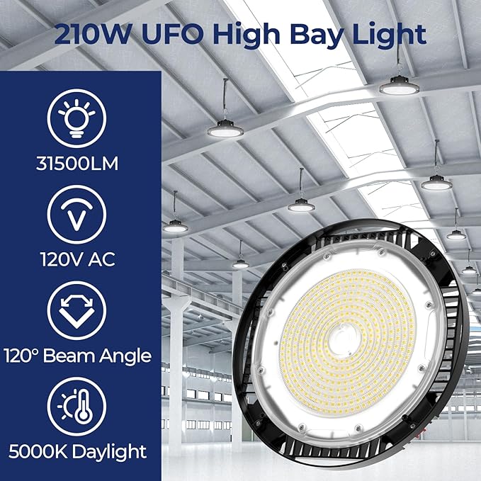 CINOTON 210W UFO LED High Bay Light, Aluminum LED Shop Lights with 31500LM, 5000K Commercial Bay Lighting for Warehouse Garage Workshop Factory, 6' Cable & Safety Rope, ETL Listed 4 Pack