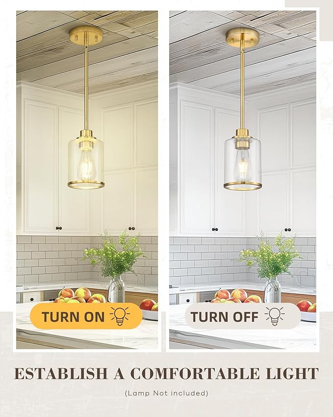 Beionxii Brushed Gold Pendant Lights Kitchen Island, Modern Kitchen Pendant Lighting Over Island, Hanging Lights with Clear Glass for Sink, Dining Room, Entryway, BX-PL02BG-CG (Only 1-Pack)