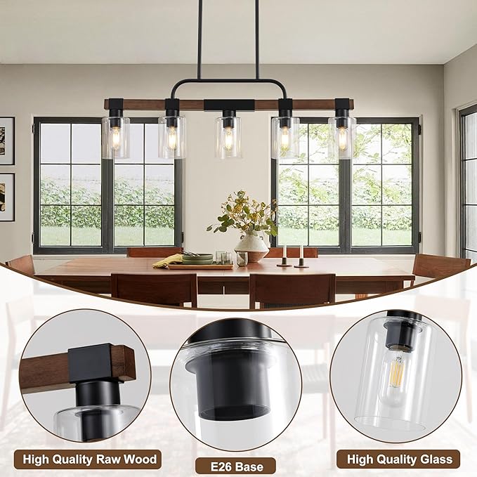 Farmhouse Dining Room Light Fixtures Over Table，Rustic Ceiling Pendant Lights Kitchen Island，5-Light Wood Kitchen Island Lighting Linear Chandelier with Clear Glass lampshade