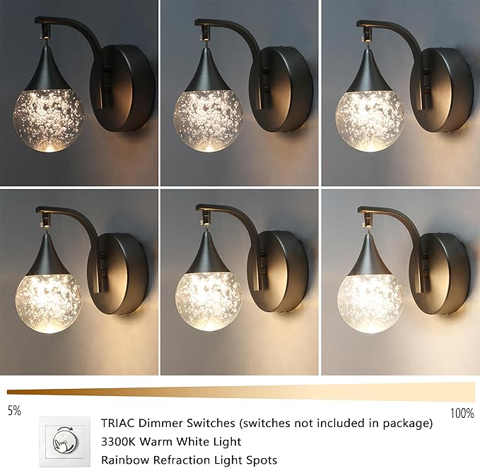 Sedelan LED Crystal Bubble Wall Sconce, 5W Dimmable Modern Wall Light Fixture, 3300K Warm White Indoor Lighting for Bedroom Bedside Living Room Bathroom Hallway, Sand Nickel