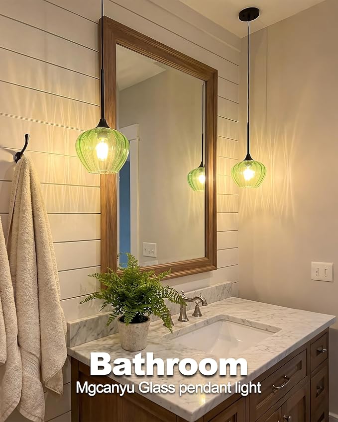 2-Pack Green Pendant Lights Kitchen Island, 7" Vintage Glass Pendant Lighting Fixtures Mini Hanging Light for Kitchen, Dining Room, Bathroom, Bedroom