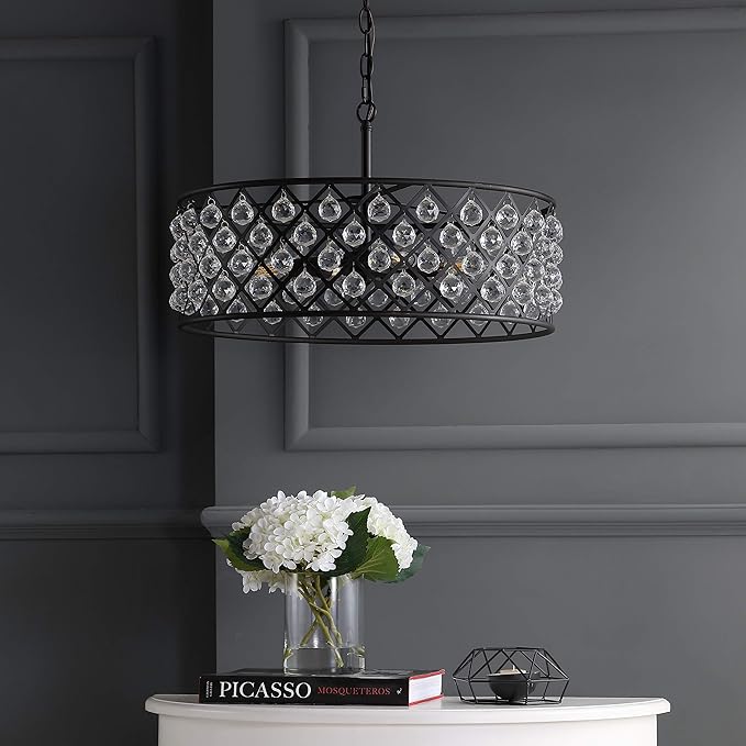 JONATHAN Y 23" Oil Rubbed Bronze Crystal LED Pendant Light, Adjustable Metal Chandelier for Kitchen Island, Entryway, Foyer, Clear Hand-Polished Crystal Shade, LED Bulb (JYL9027A)