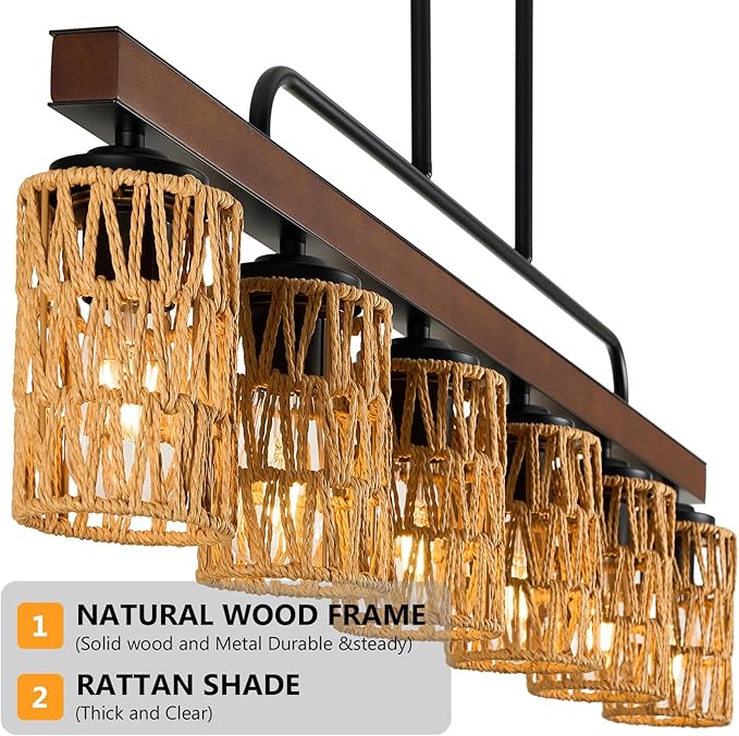 Farmhouse Dining Room Light Fixtures, 43" Rattan 6-Light Wood Kitchen Island Lights Fixture Boho Linear Chandelier Black Hanging Pendant Lighting Over Table
