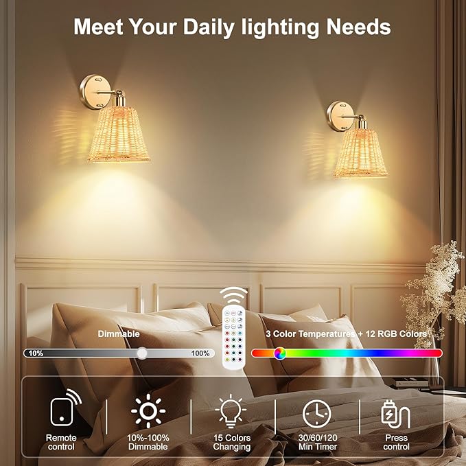 Frideko Rattan Rechargeable Wall Sconces Set of Two with Remote, RGB 15 Colors Dimmable Battery Operated Wall Lights, Indoor Wireless Wall Lamp with 3 Timer, Farmhouse Boho Sconce Light for Bedroom
