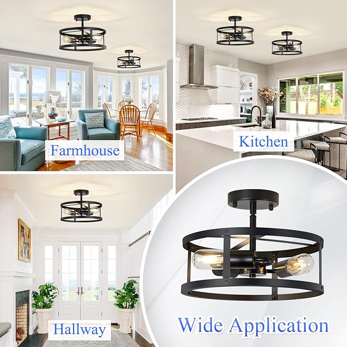 Semi Ceiling Light Fixture,3-Light Black Flush Mount Ceiling Light,13 Inch Hallway Light fixtures Ceiling,Light Fixtures Ceiling Mount for Farmhouse,Kitchen (2, 13.1 inch)