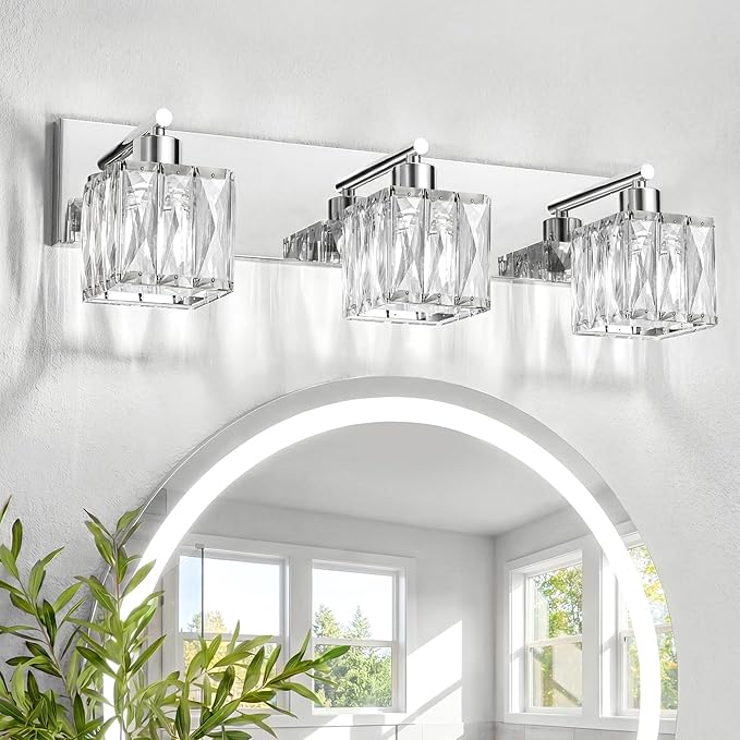 VOLISUN Chrome Bathroom Light Fixtures, Modern Stainless Steel Bathroom Lighting Fixtures Over Mirror, 3 Light Bathrooms Vanity Light, Crystal Vanity Light for Bathrooms-UL Certificated(Exclude Bulb)